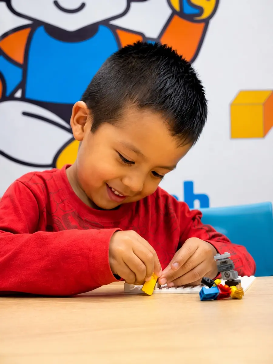 Niño pequeño armando piezas LEGO sobre la mesa en el aula de MusUQ Lab